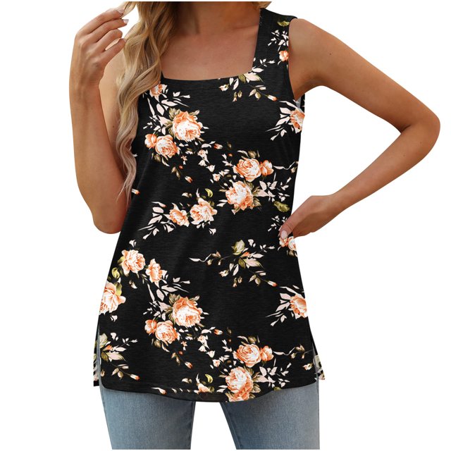 Birdeem T-Shirt Mode Femme Imprimé Col Carré Confortable Ample Sans Manches Blouse Décontractée