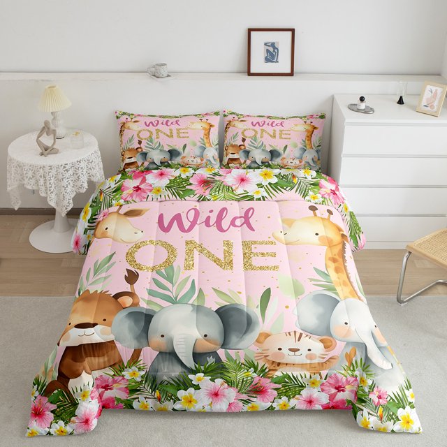 Erosebridal Cute Elephant Bedding Full Comforter Set, Pink Rose Down Comforter, Cartoon Jungle Animal Decor, Reversible
