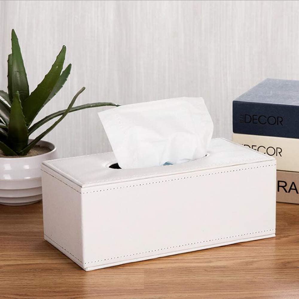 ORUYROP Leather Tissue Box Holder-Waterproof Rectangular Tissue Box Cover Vintage Napkin Paper Holder for Home,Office&Car Decor (White)