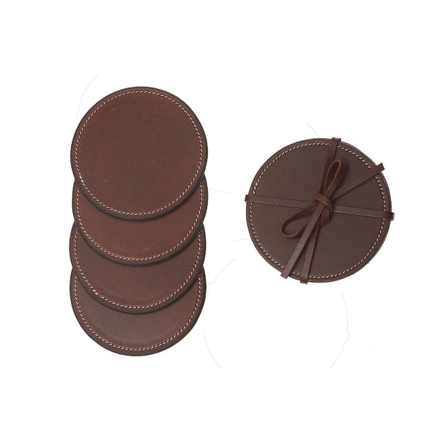 4PC Round Genuine Leather Coasters tan with stitched rim detail, four stacked and one tied with leather strap, smooth leather surface, protects tables from scratches and stains, also suitable for small decorative displays