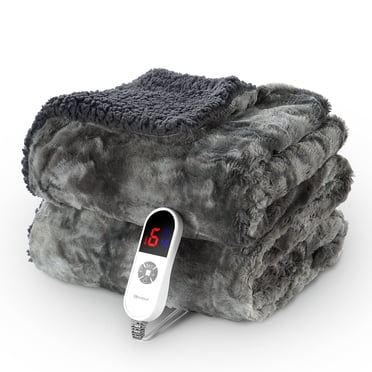 MARNUR Electric Blanket Heated Throw 50" x 60", Heating Blanket with Soft Faux Fur & Shu Velvet, Large LED Display, 6 Heating Levels, 4 Hours Timer, Tie-Dye Grey