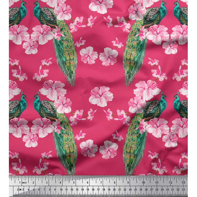 Soimoi Polyester Crepe Fabric Floral & Peacock Bird Print Sewing Fabric Yard 42 Inch Wide