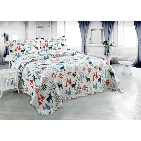 Marina Decoration Rich Printed Embossed Pinsonic Coverlet Bedspread Ultra Soft Bedding Summer Christmas Quilt Set with Shams, Xmas Reindeer and Tree Pattern