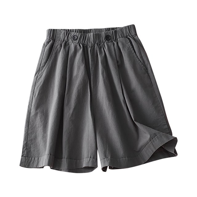 Timegard Shorts for Women Cotton Linen Elastic Waist Button Wide Leg Ruched Causal Loose Shorts Summer