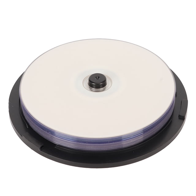 DVDR Blank Disc, DVD R blank discs with 4.7GB memory capacity and 16X recording speed, shown in a stack on a black spindle. These discs are made of durable PC material and are compatible with most DVD R and DVD R drivers, ideal for storing videos, music, and photos. Includes 10 discs and a protective box.