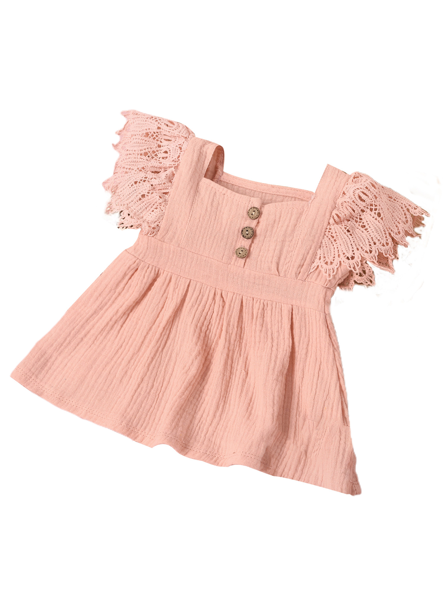 Xingqing 4 Colors Newborn Baby Girls Princess Dress Solid Lace Fly Sleeve Button A-Line Mini Dress