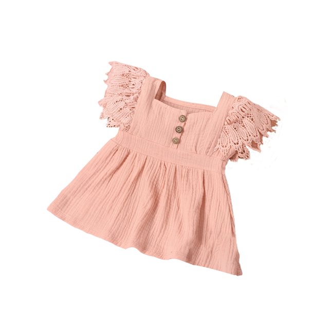 Xingqing 4 Colors Newborn Baby Girls Princess Dress Solid Lace Fly Sleeve Button A-Line Mini Dress