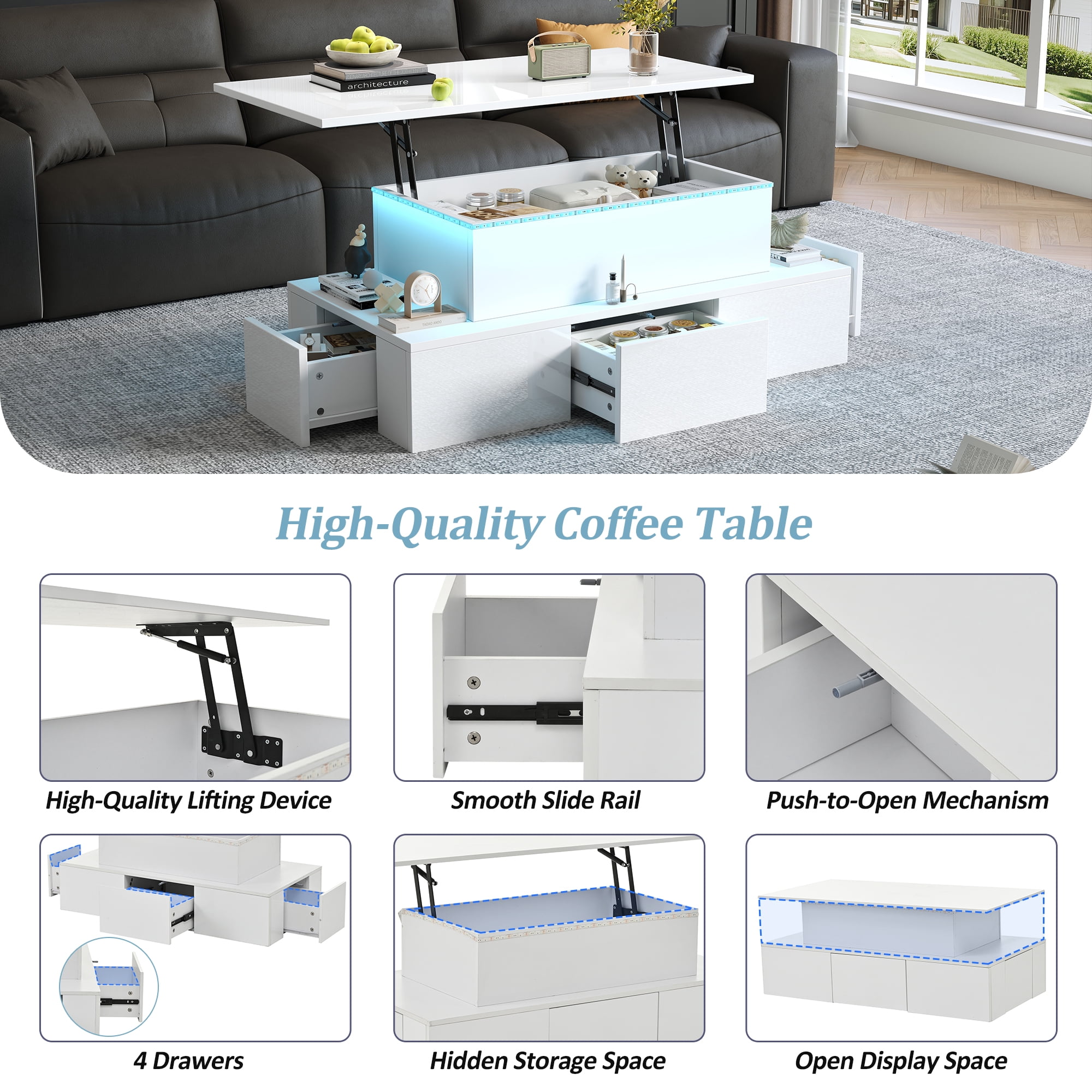 Homy Casa table basse blanche relevable avec 4 tiroirs, lumières LED et rangement caché pour salon