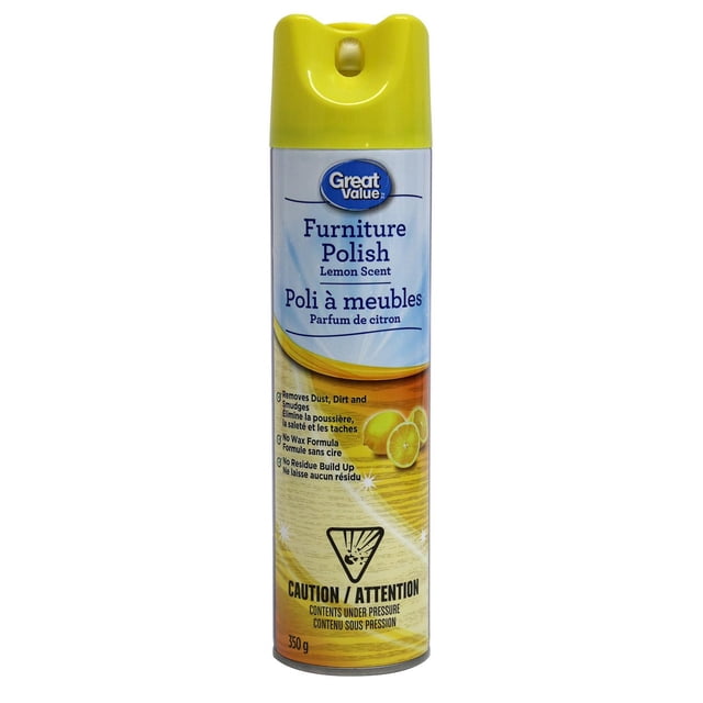 Great Value Furniture Polish lemon scent spray can with yellow nozzle cap, 350g, designed for interior wood stains and finishes, removes dust, dirt, and smudges with a no wax formula that leaves no residue build-up, includes caution for contents under pressure, suitable for maintaining wood furniture surfaces.