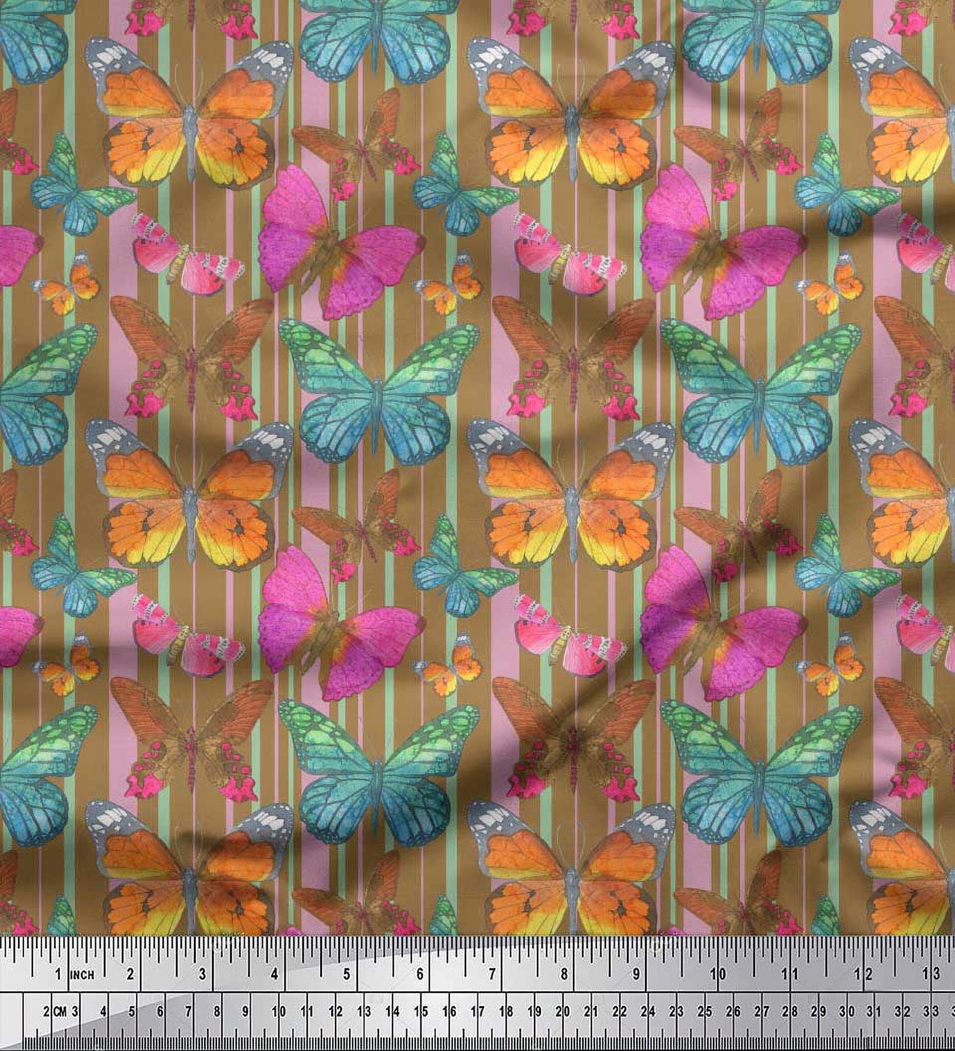 Soimoi Modal Satin Fabric Stripes & Butterfly Print Fabric by The Yard 42 Inch Wide
