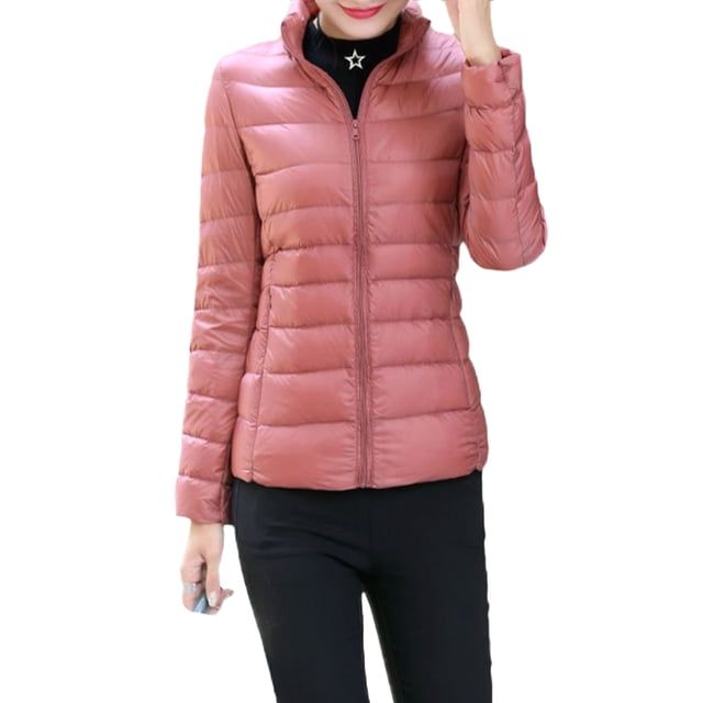 UKAP Ladies Puffer Jacket Solid Color Coat Stand Up Collar Down Jackets Packable Work Outwear Pink XL