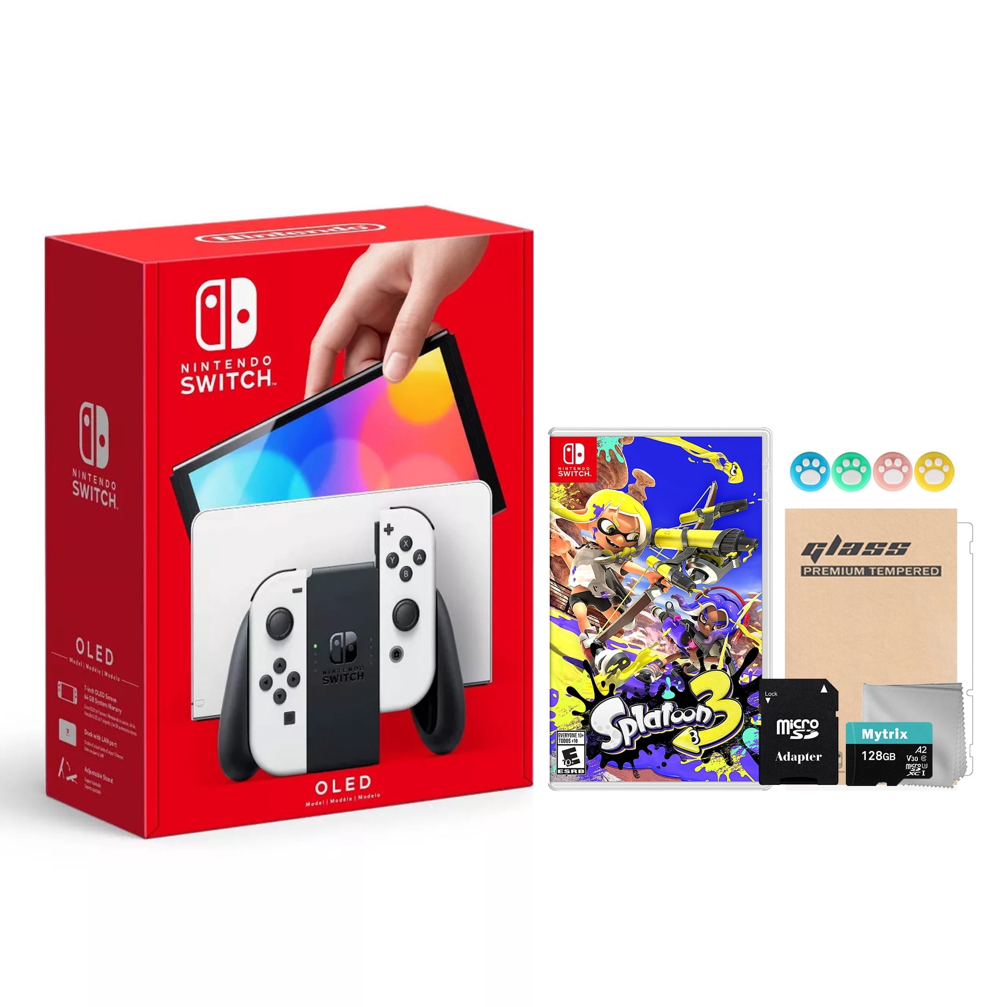 2022 New Nintendo Switch OLED Model White Joy Con 64GB Console with Splatoon 3 Game, Improved HD Screen & LAN-Port Dock, Mytrix 128GB MicroSD Card and Accessories