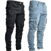 YOIAVAIOY Men's Hip Hop Denim Pants Casual Athletic Jeans with Side Pockets Cargo Trousers Blue XXXL