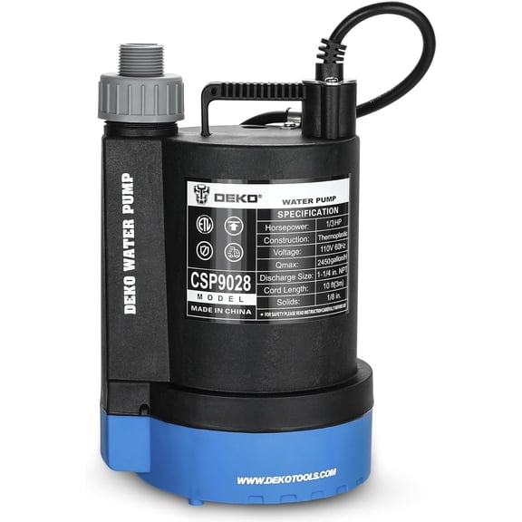 DEKOPRO Submersible Water Pump 1/3 HP 2450GPH Utility Pump Thermoplastic Electric Portable Transfer Water Pump with 10-Foot Cord for Pool Tub Garden Pond Draining