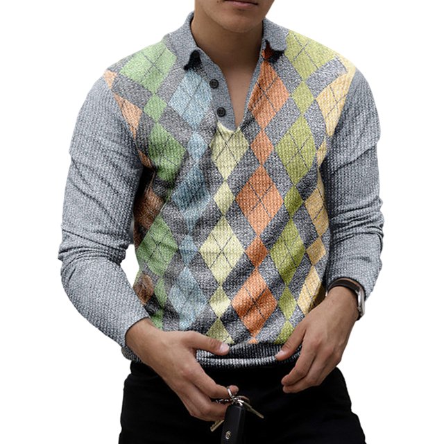 Innerwin Polo Shirt Lapel Neck Men T Shirts Business Long Sleeve Color Block Tee Style M 3XL