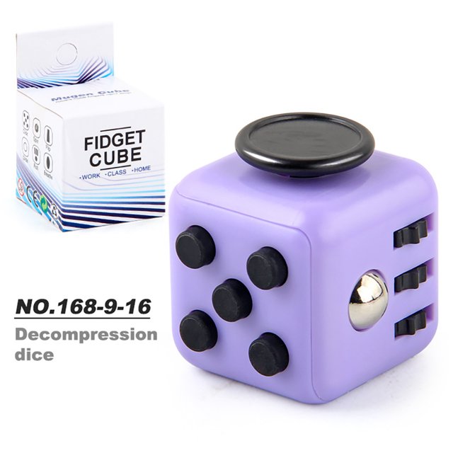 Amyove Magic Cube Toy Novelty Stress Anxiety Relief Toys, a purple handheld fidget cube with multifunctional sides featuring buttons, levers, rotating wheels, and rolling gears. Ideal for stress relief, focus improvement, and reducing bad habits like nail biting or leg shaking. Lightweight and portable, perfect for use in offices, classrooms, or during travel. Includes branded packaging.