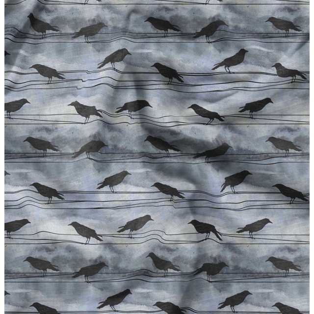 Soimoi Blue Heavy Satin Fabric Crow Bird Print Sewing Fabric Yard 56 Inch Wide