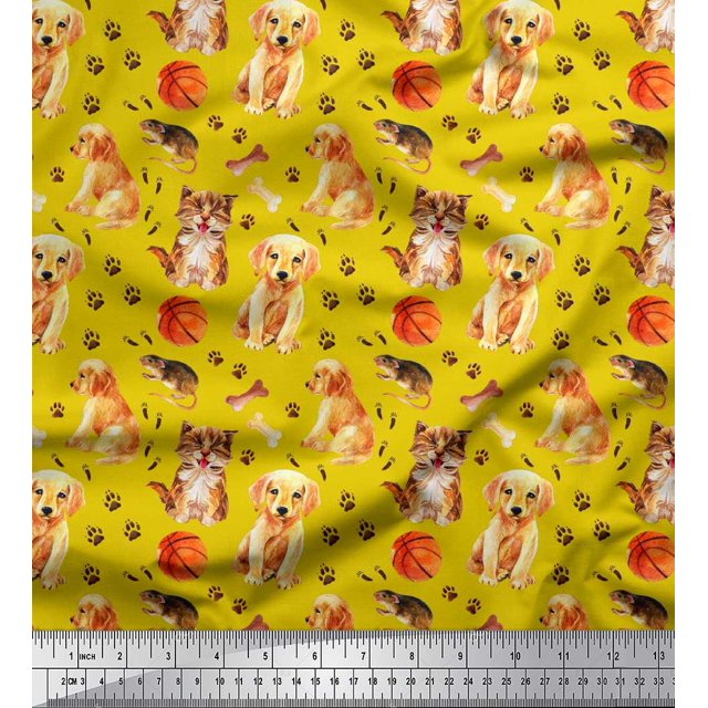Soimoi Poly Georgette Fabric Footprint,Dog & Cat Animal Print Fabric by The Yard 52 Inch Wide