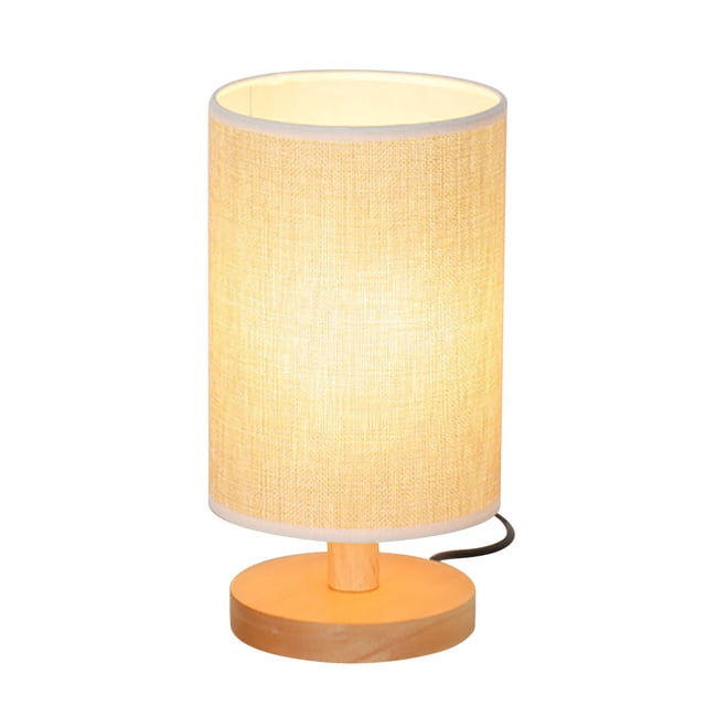 Lampe de Chevet Veilleuse Blanc Chaud Cadeau Lampe de Table en Bois au design Minimaliste, Dotée d'Une base en Bois Massif et d'Un Abat-Jour Cylindrique en Tissu de Lin beige. Émet une Lumière Blanc Chaud (2500-3000K) et Comprend une Ampoule à Incandescence de 40W à Intensité Réglable. Idéale comme Lampe de Table Ou Luminaire.