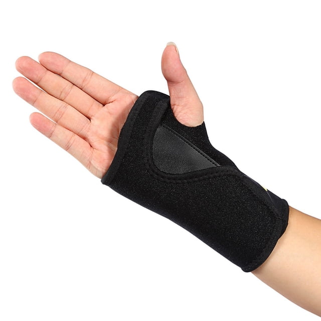 TOPINCN Wrist Brace Breathable Neoprene Night Sleep Splint Adjustable Brace for the right hand. The black wrist brace features a removable aluminum strip for added support, double strap adjustment for customizable pressure, and a thumb loop design for comfort. Suitable for wrist injuries such as fractures, sprains, and tenosynovitis. Shown on a hand with an open palm.
