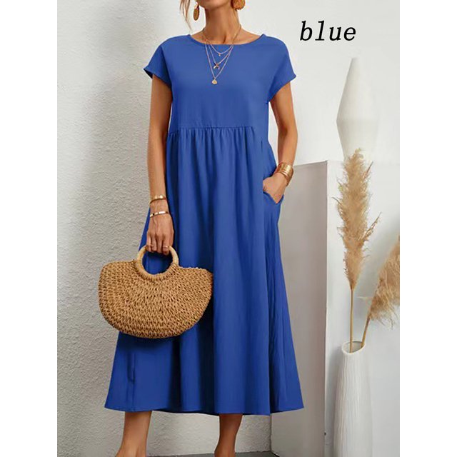 2024 Nouvelle Robe Femme Rétro Couleur Unie Sans Manches Jupe Longue Ample avec Poches
