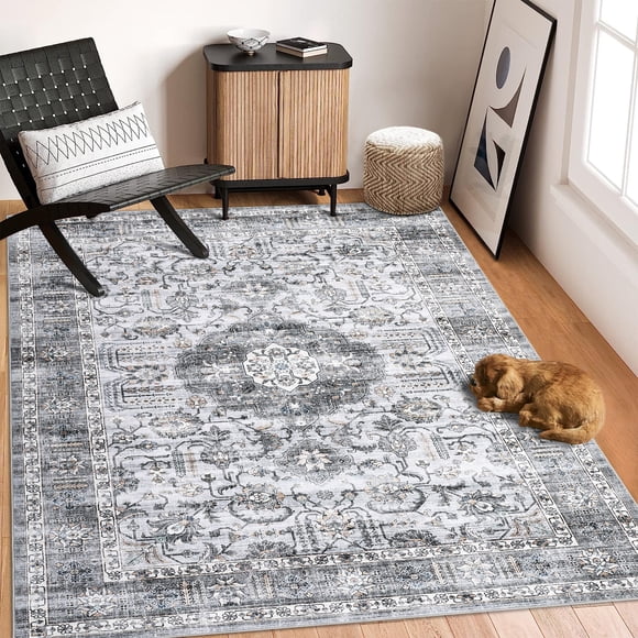 GlowSol 9'x12' Washable Area Rugs for Living Room Bedroom Vintage Medallion Print Non Slip Low Pile Throw Rugs Soft Foldable Accent Rug, Gray