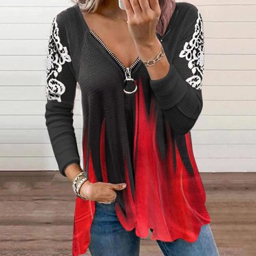CEHVOM T-shirt Mode Femme Col en V Imprimé Dentelle Manches Longues Fermeture Éclair