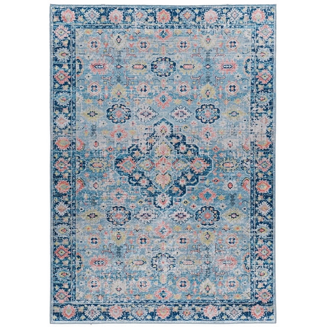 Tapis Emerald Morris Rouge et Ivoire 5 Pieds x 7 Pieds à Poil Ras avec Médaillon Traditionnel en Bleu Doux, Rose, Corail et Ivoire. Il Présente une Bordure Bleu Marine, des Bords Dentelés et un Endos en Feutre avec Poignées en Caoutchouc pour la Stabilité, Fabriqué en polyester Facile d'Entretien. Convient comme Tapis d'Accent pour les Petites Pièces et les Zones à Fort Passage.