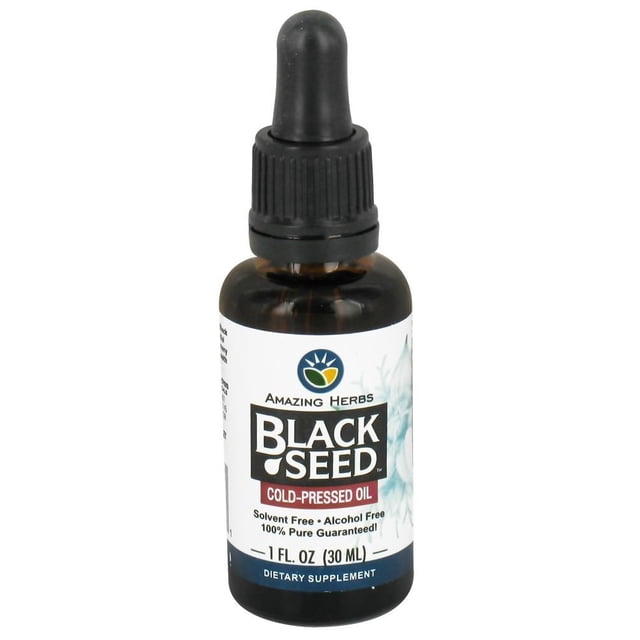 Amazing Herbs - Black Seed Cold-Pressed Oil - 1 fl. oz. 1 fl oz bottle labeled Amazing Herbs Black Seed Oil, cold-pressed from Nigella sativa (black seed); labeled 100% pure, non-GMO, unrefined; often used in topical blends or as a finishing oil in recipes.