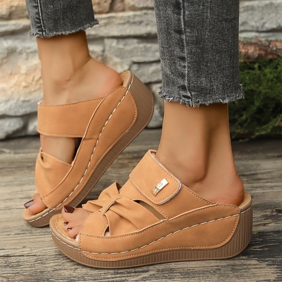Gspmoly Women Slides, Women's Fashion Casual Summer New Solid Color Fish Mouth Roman Thick Bottom Wedge Heels Shower Slides Brown 40