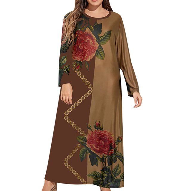 LSLJS Plus Size Women Décontracté Ample Imprimé Long-sleeve Col Rond Dress