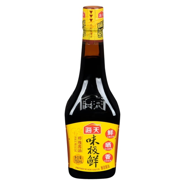 Haday Seasoning Soy Sauce 750ml bottle with dark glass and a yellow label featuring Chinese characters and red accents, a light soy sauce made from soybeans, wheat flour, and dried St. James scallop, with a mild sweet and fishy flavor suitable for seasoning and cooking.