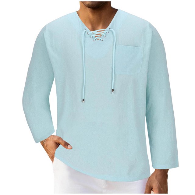 RXIRUCGD Men's Fashion Fallow Drawstring Solid Color Pockets Long Sleeve V-Neck Tops, Light Blue, Size: L