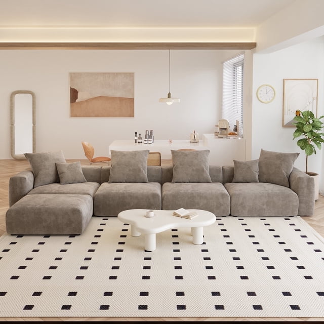 The Magic Home Canapé de Coin Convertible Modulable 4 Places en Velours Côtelé Brun,