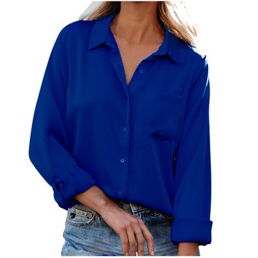 IROINID Clearance Womens Long Sleeve V-Neck Shirts Loose Lounge Solid Turn Down Collar Lounge Blouse T-shirt Tops,Blue