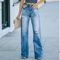 thumbnail image 2 of Pisexur Wide Leg Ripped Jeans for Women, Casual Solid Color High Waisted Jeans Bootcut Straight Full Length Pants with Pocket, 2 of 7