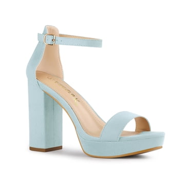 BLISSFUL STEP Women's Shoes Faux Suede Chunky Heel Platform Ankle Strap Open Toe Sandals SKY Blue 7.5