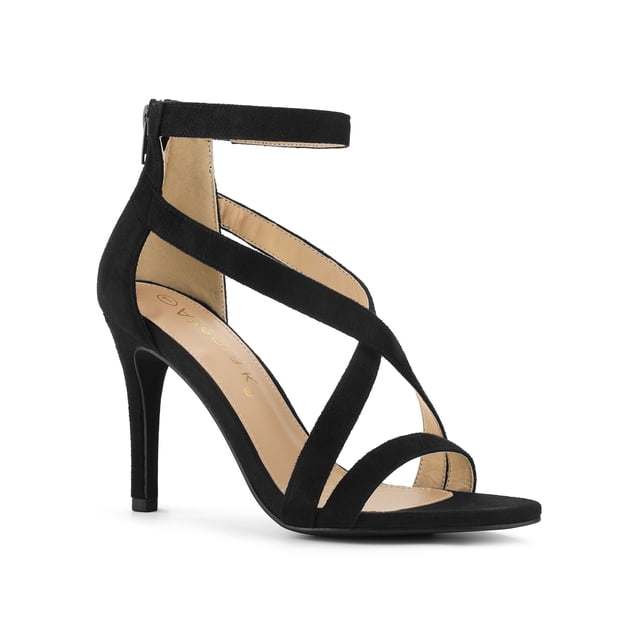 BLISSFUL STEP Women Zipper Ankle Strap Stiletto Heel Sandals Black 5