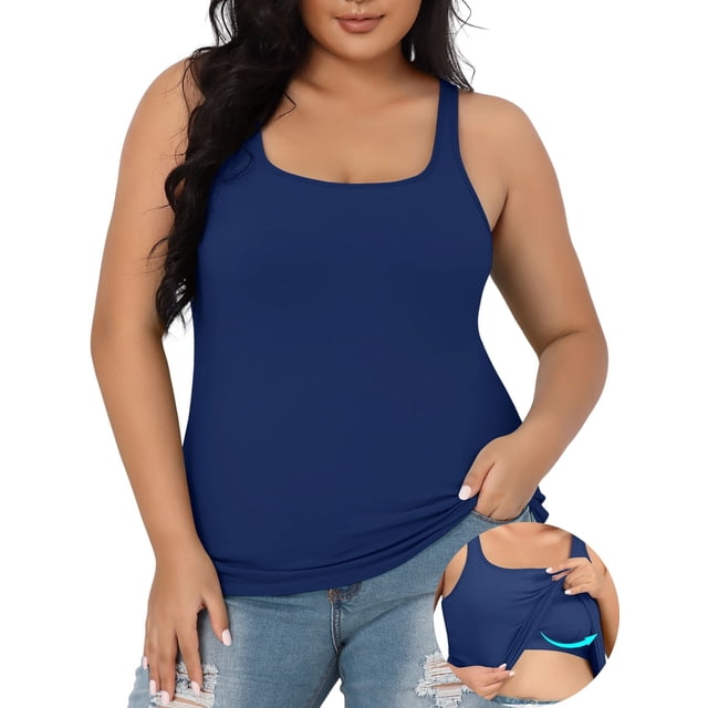 Charmo Women Plus Size Cotton Tank Top with Shelf Bra Adjustable Wider Strap Camisole Basic Undershirt. The tank top is shown in a solid navy blue colour with a scoop neckline and wide adjustable straps. Made from 95% cotton and 5% spandex, it features a built-in shelf bra with an elastic underbust band for light support. The inset image highlights the inner shelf bra design. Ideal for layering or wearing alone, it pairs well with jeans, shorts, or leggings.