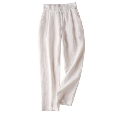 Timegard Cotton Linen Pants for Women Elastic High Waisted Button Ruched Casual Trousers with Pockets