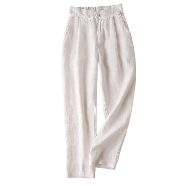 Timegard Cotton Linen Pants for Women, elastic high-waisted casual trousers with button detailing, ruched accents, and functional pockets. Made from a breathable fabric blend of 95% polyester and 5% spandex, these lightweight pants are ideal for casual outings or lounging. Shown in a neutral tone, they pair well with relaxed tees, cardigans, or sneakers for versatile styling.