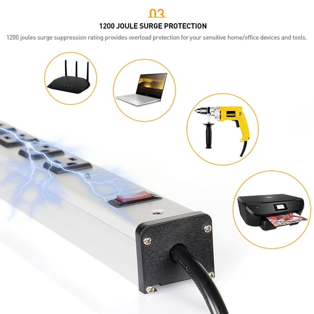 PrimeCables 12-Outlet Surge Protector Power Strip – 5ft Cord, 1200 Joules, 15A Circuit Breaker, Aluminum Housing, Silver