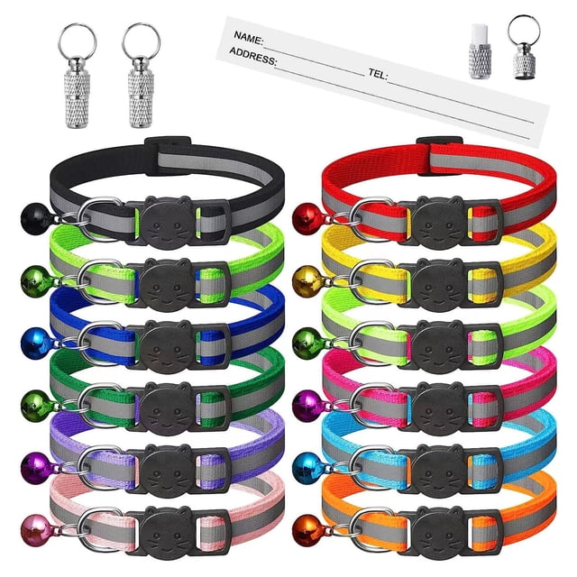 12 Pack Breakaway Cat Collar with Bell, featuring reflective designs and adjustable lengths between 8-12 inches. Includes 12 multicoloured collars with cute cat face buckles, bells, and reflective strips for visibility in low light. Comes with 2 anti-lost ID tags for pet identification.