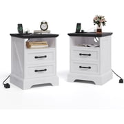 Farmhouse Nightstand with Charging Station Set of 2, Modern Rustic Large Bedside Table with 2 Drawers, Open Shelf, USB & Outlets for Bedroom Small Space, Freestanding End Table Bedside Cabinet