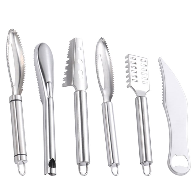 6 Pcs Détartreurs de Poisson Domestiques Professionnels en Acier Inoxydable durable, Conçus avec des Poignées Ergonomiques pour une Prise Ferme et un Retrait Sûr et Efficace du Tartre. Comprend six Outils Détartreurs de Poisson Argentés avec Bords Dentelés et designs Variés, Idéal pour la Maison, le restaurant et le Marché.