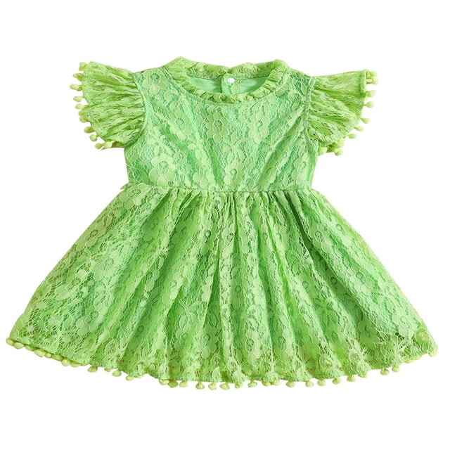 Robe Trapèze pour Tout-Petites Filles, Manches Courtes, Col Rond, Dentelle Florale à Franges, Robes de Fête