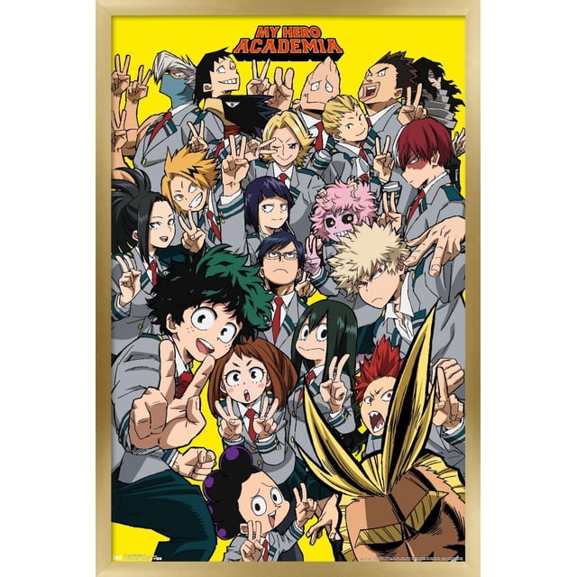My Hero Academia - Affiche Murale Selfie, 22,375 Po x 34 Po Mettant en Vedette des Personnages d'Anime en Uniformes Scolaires Posant avec des Signes de Paix sur un Fond Jaune Vif, Imprimée sur du Papier Fini Satiné Lustré aux Couleurs Vibrantes et Encadrée en Bois Clair, Convient pour Décorer des Chambres, des Résidences Étudiantes Ou des Bureaux.