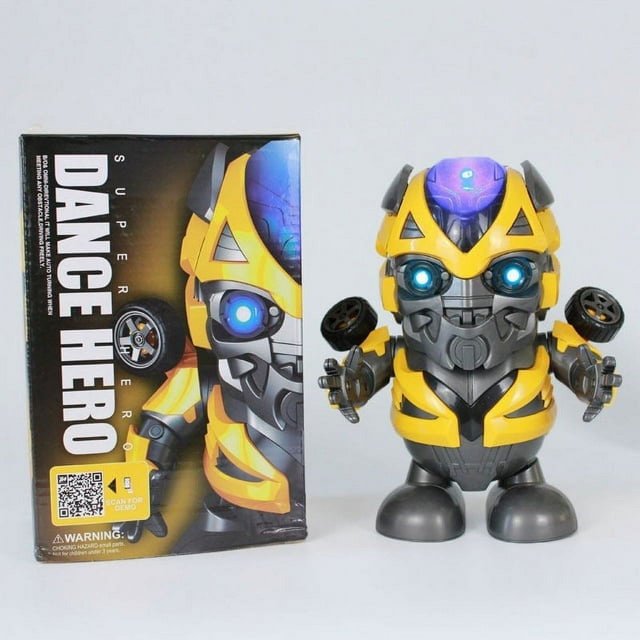 Dancing Bumblebee Robot Toy Electric Singing Bumblebee Glows Children's Gift. The toy features a yellow and black robotic design with glowing blue eyes and a metallic texture. It includes swingable arms, built-in lights, and dynamic music with four tracks. The robot dances and emits machine-like sounds during music transitions. Made of ABS high-grade plastic, it measures 19x19x10 cm and is suitable for children aged 3 and above. The packaging is visible on the left, showcasing the product name 'Dance Hero' and a vibrant design.