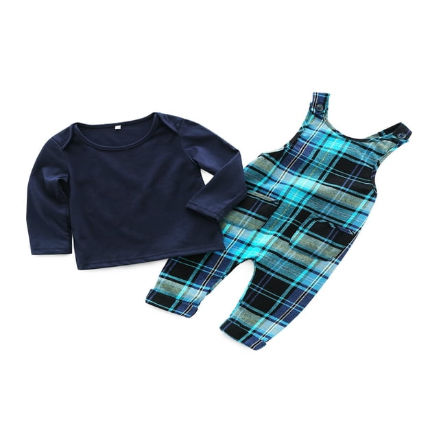 Boys‘ Fall Fashion Solid Color Tops and Plaid Suspender Pants Overalls