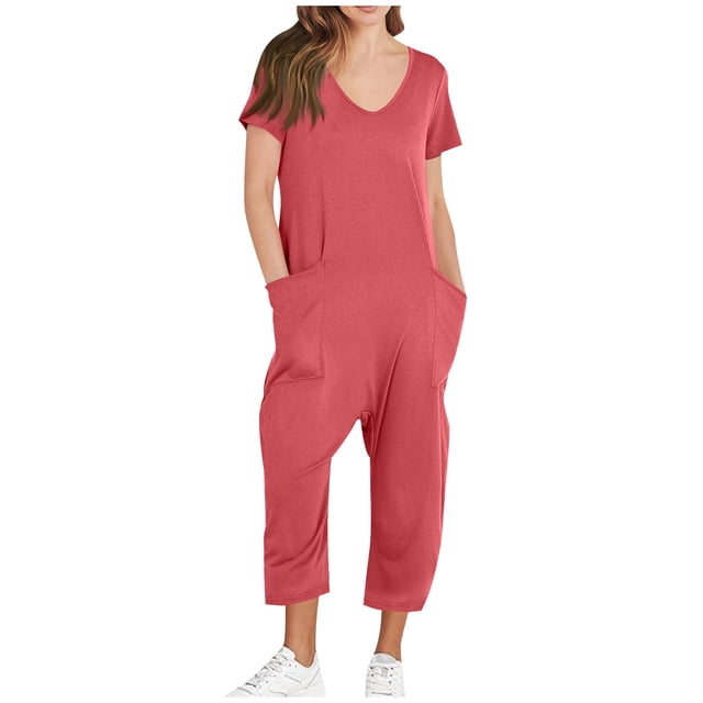 Yuyuzo Jumpsuits for Women Short Sleeve V Neck Rompers Wide Leg Cropped Pants Overalls with Pockets